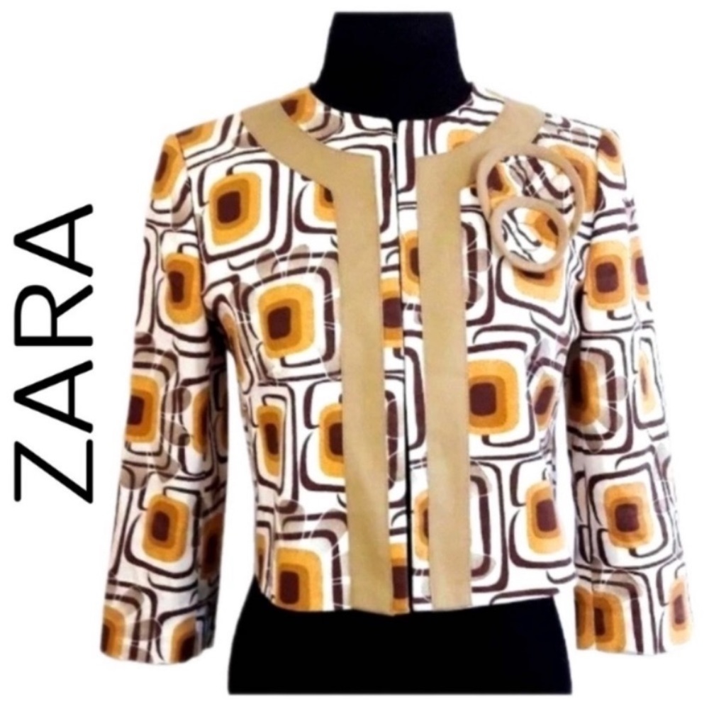 Zara Basic Cropped Jacket Geometric Floral Collarless Blazer Size M Brown/Multi